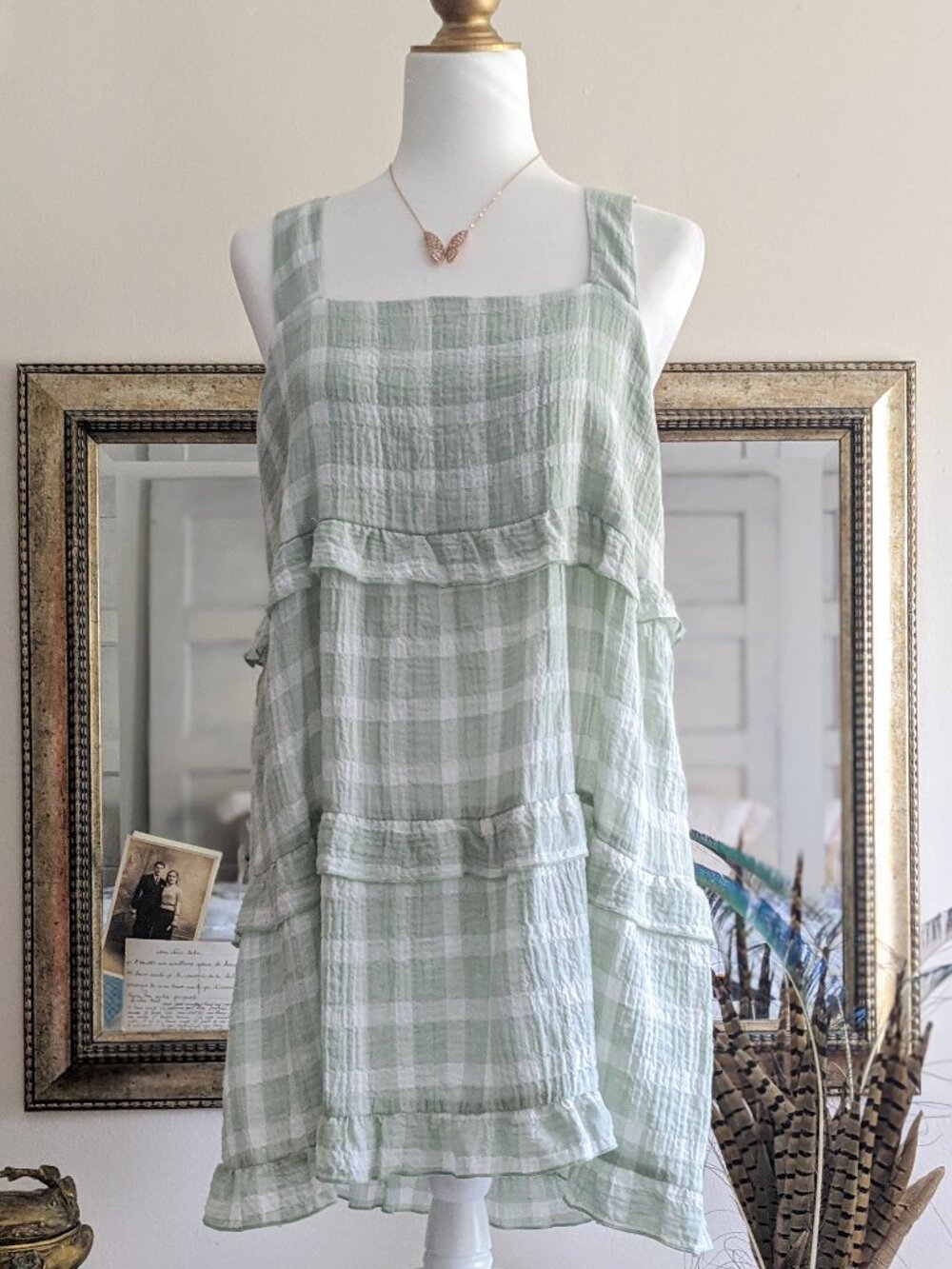 Show Me Your Mumu Top or Dress Babydoll Small Green White Cotton Gauze Summer